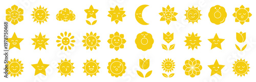 Large set of cute yellow nature emoji icons featuring smiling suns stars moons clouds and flowers in flat minimalist style for environmental and social media designs isolated on white art