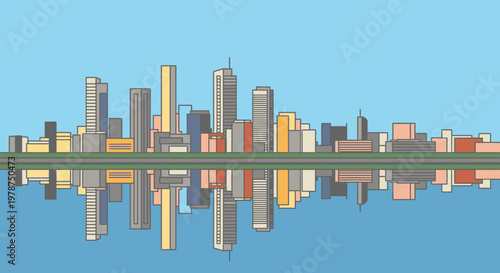 Stylized skyline illustration reflecting on water with modern buildings