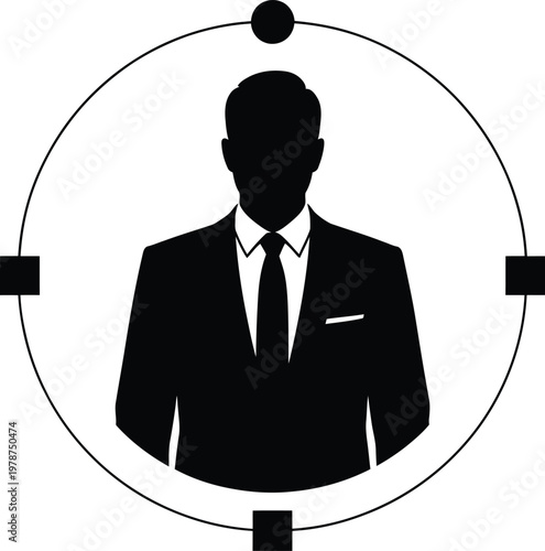 Silhouette of a man in a suit within a circular target graphic with silhouette business corporate professional objective employee identity headshot