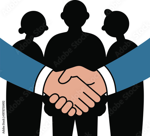 Business handshake between two groups of people symbolizing partnership handshake business partnership agreement collaboration illustration silhouette