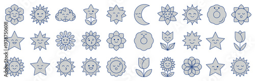 Large set of cute gray nature emoji icons featuring smiling suns stars moons clouds and flowers in flat line art style for environmental and social media designs isolated on white background