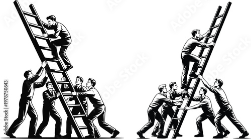 Teamwork illustration: people holding ladders to help others climb upwards with teamwork climbing collaboration business assistance reaching illustration