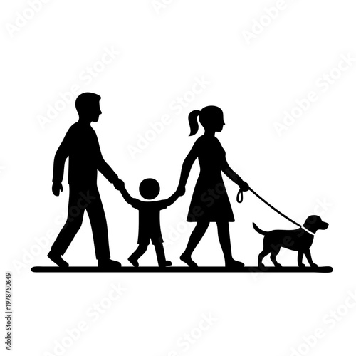 happy family walking with dog silhouette