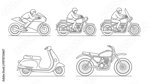 Keywords black and white line of vintage motorcycles and sidecars with riders