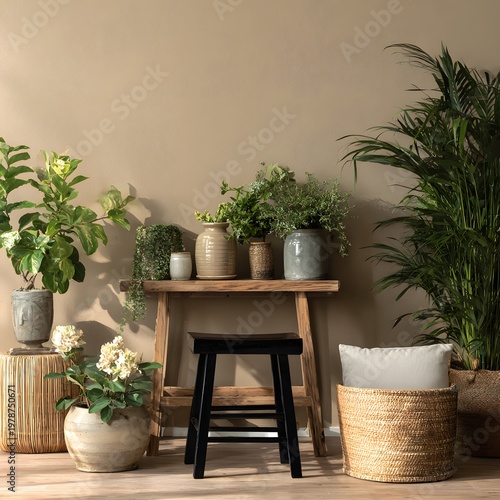 A serene indoor space with various plants and natural elements in a cozy setting