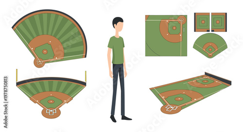 Baseball field layout elements with player illustration
