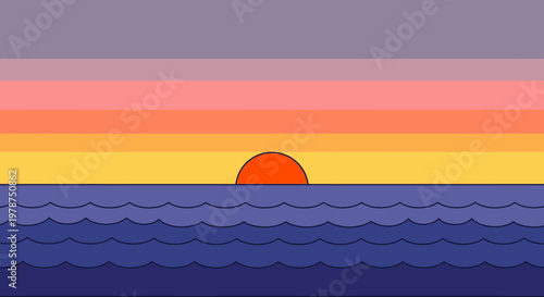 Stylized sunset over ocean waves illustration with vibrant colors and clear lines