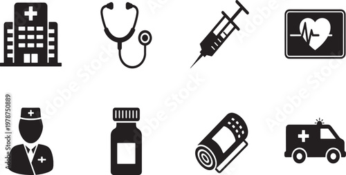 Black vector set of icons for web design including business, technology, and medical symbols such as a car, computer, phone, and camera illustration for mobile internet and data equipment