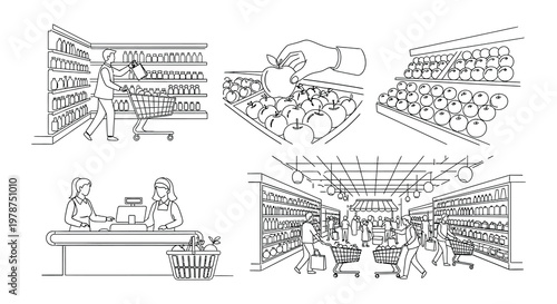 Line drawing depicting a busy grocery store with shoppers and produce