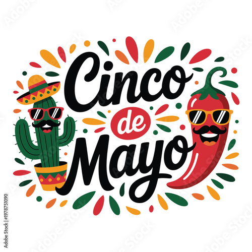 Cinco de Mayo celebration features a decorated cactus and a red chili wearing sunglasses.