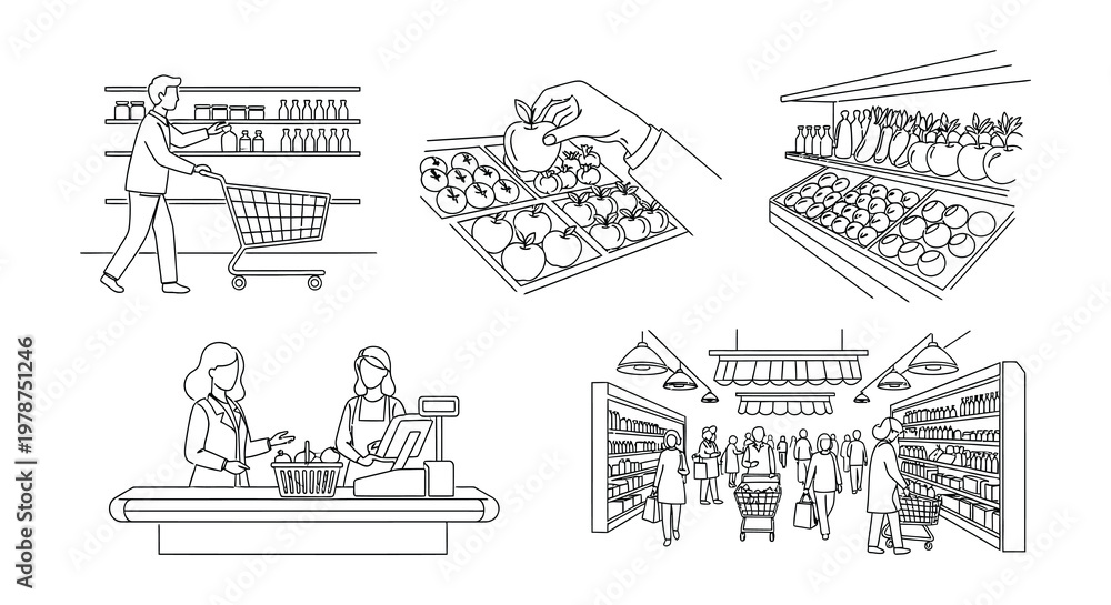 Obraz premium Line drawing depicting a busy grocery store with shoppers and produce