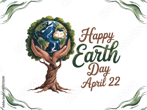 Earth Day concept features human hands cradling a globe integrated into a stylized tree trunk.