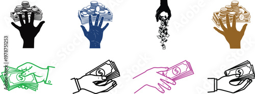 Set of eight hand gestures with money, illustrating concepts of finance, earning, spending, and wealth distribution.