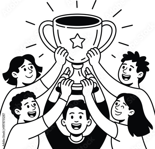 Team of five people triumphantly holding a golden trophy overhead with line art celebration achievement championship happiness excitement illustration