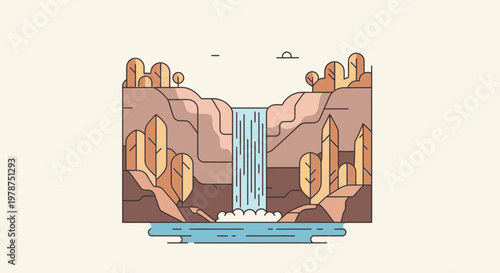 Stylized waterfall illustration with mountains and trees on a neutral background