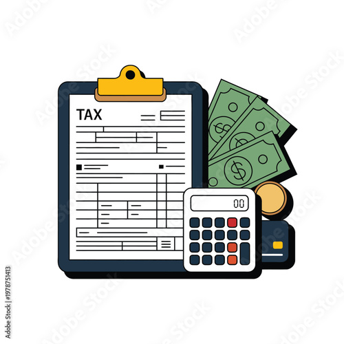 Tax documents resting on a clipboard are paired with a calculator and currency notes.