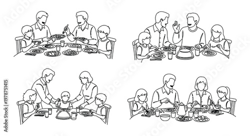 Families gathered around dining tables enjoying meals together in line art