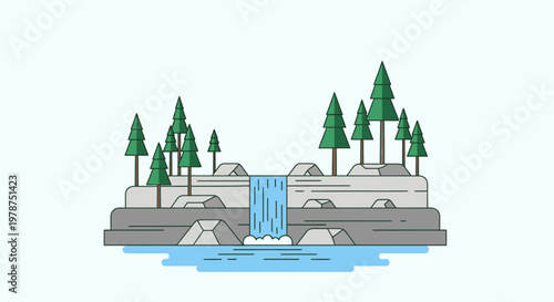 Stylized waterfall scene with trees and rocks on white background