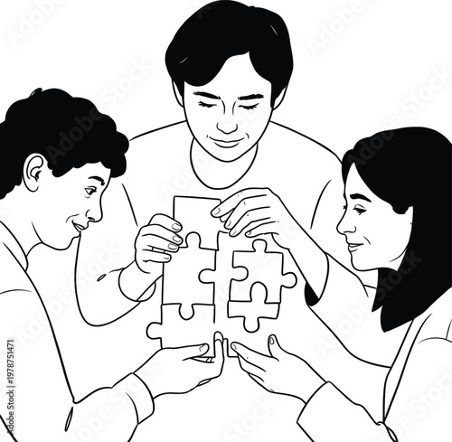 Diverse group of people working together assembling a jigsaw puzzle with problem solving teamwork collaboration together solution strategy business