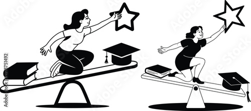 Two women on seesaws reaching for stars one balancing books and graduation caps graduation cap education learning achievement opportunity ambition