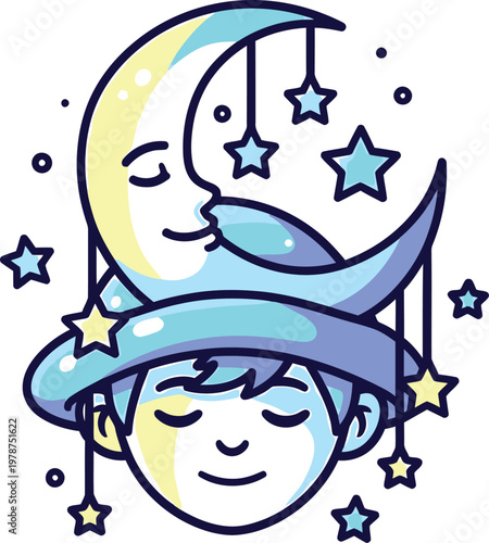 Cartoon pirate boy with a skull and flag standing under a night sky with the moon and stars for a fun Halloween holiday illustration