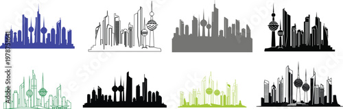 Set of kuwait city skyline icons isolated on white background. silhouette of kuwait city skyline. skyscrapers.