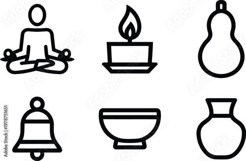 Zen meditation line icons set, minimal yoga and wellness symbols, 6 black outline vector elements for spa and mindfulness branding