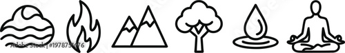 Minimalist nature line icons set, black outline symbols of elements and wellness, 6 vector icons for environment and meditation