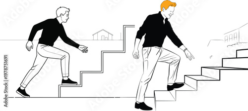 Two men climbing stairs one leading the way climbing progress business challenge leadership ambition movement illustration strategy opportunity
