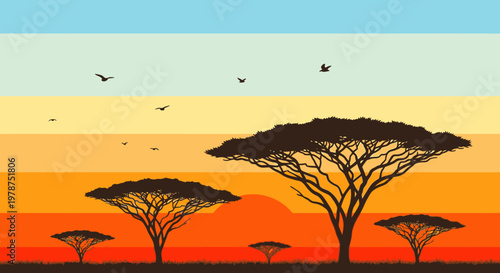 Sunset landscape with silhouette trees and birds against vibrant sky background