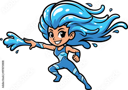 Cartoon illustration of a smiling girl in a blue dress jumping through the air like a fun angel vector art