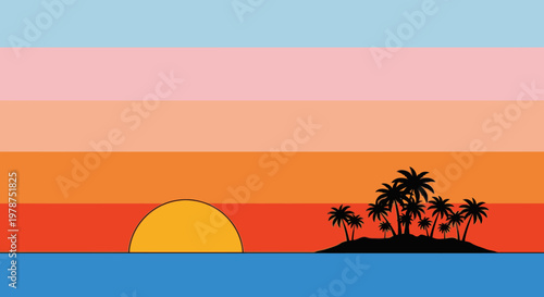Sunset over ocean island with palm trees retro style illustration