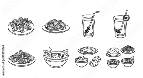 Line art illustration of various desserts and beverages on white background