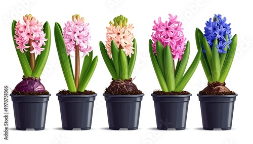 A vibrant row of five potted hyacinth flowers in various pastel hues, showcasing a spectrum of colors