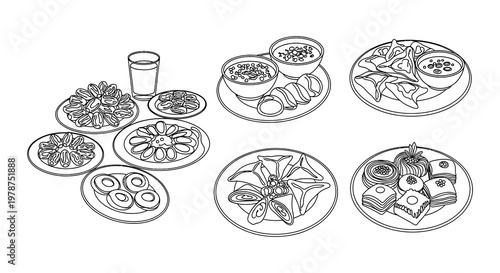 Line art illustration of various desserts and beverages on white background