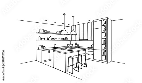 Minimalist modern kitchen interior perspective line art vector with island and lighting in simple sketch style