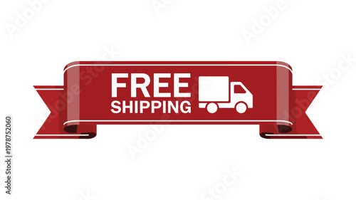 Red delivery truck with free shipping text keywords isolated on white background