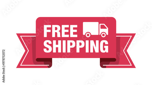 Red gift box with free shipping text and shopping bag on keywords white background ribbon