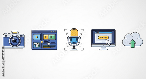 A set of colorful vector icons representing online content creation and publishing tools