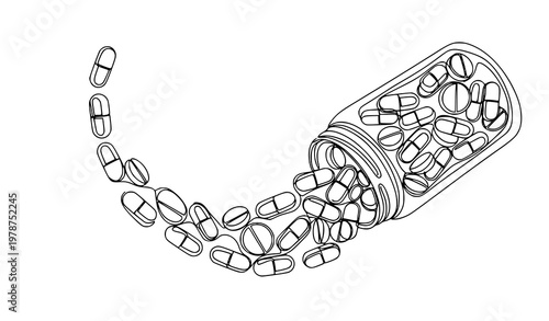 Pill jar spiral flow one line vector drawing with capsules and tablets in artistic minimalist contour design