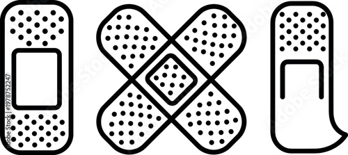 Adhesive bandage icons set with medical plaster strips in various shapes representing healthcare first aid and injury treatment design