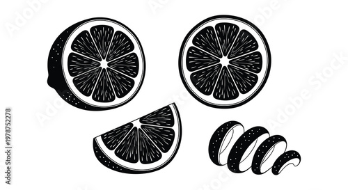 Black and white illustration of sliced and peeled blood oranges