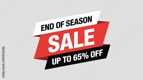Red sale banner with keywords white text on white background for end of season discount up to 65 percent off