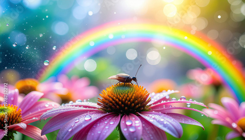 Small insect on pink flower with water drops and rainbow