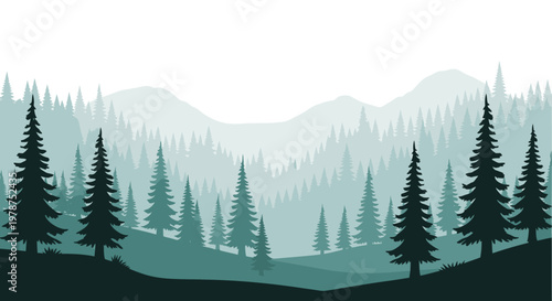 Tranquil forest landscape with trees and mountains in a flat vector style