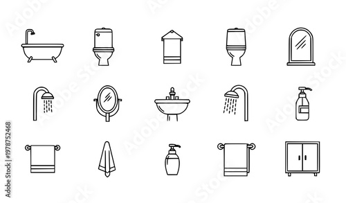 Bathroom objects icon set vector in minimalist line art style with home interior elements