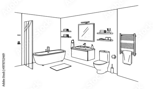 Modern bathroom interior line art vector with furniture in clean architectural outline style