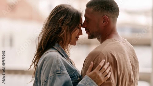 Couple shares a close moment while standing on a balcony in a warm setting during late afternoon hours