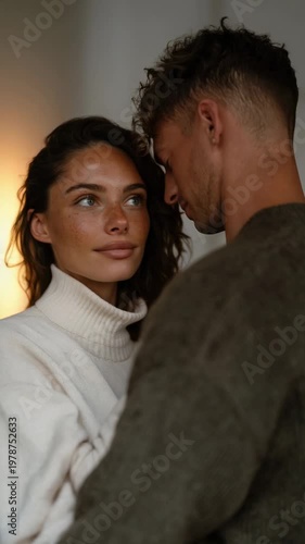 Couple embraces indoors during winter, sharing a moment of connection and joy in a cozy setting
