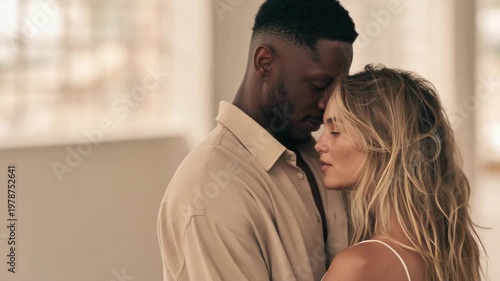 Couple shares a special moment in a bright indoor space with natural light during the afternoon